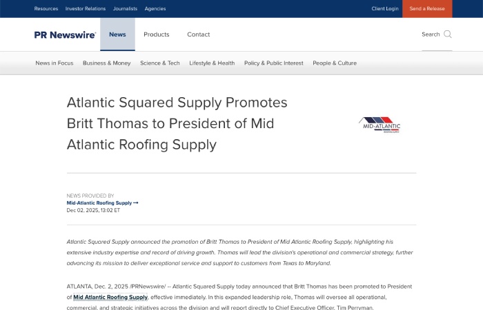 screenshot of the article titled: Atlantic Squared Supply Promotes Britt Thomas to President of Mid Atlantic Roofing Supply